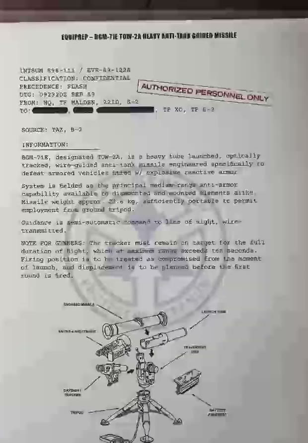 Лист о ПТРК BGM-71E TOW-2A: схема на треноге и «заметка для операторов»